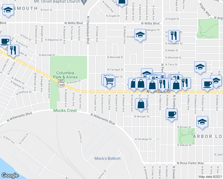 map of restaurants, bars, coffee shops, grocery stores, and more near 3627 North Lombard Street in Portland
