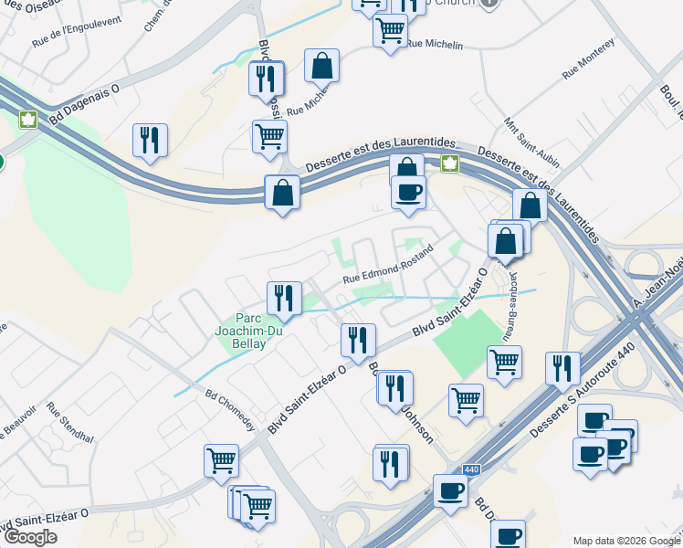 map of restaurants, bars, coffee shops, grocery stores, and more near 3117 Rue Edmond-Rostand in Laval