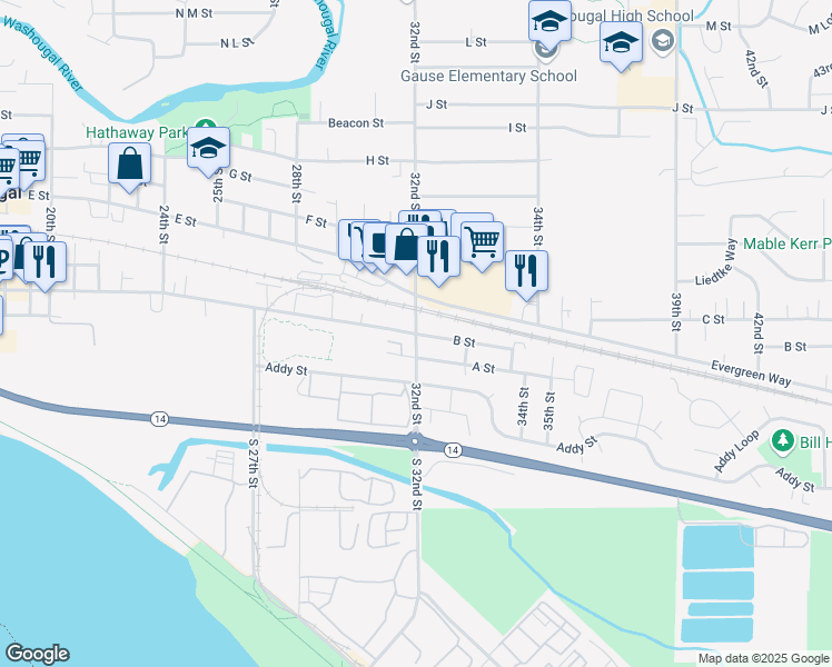 map of restaurants, bars, coffee shops, grocery stores, and more near 3201 B Street in Washougal