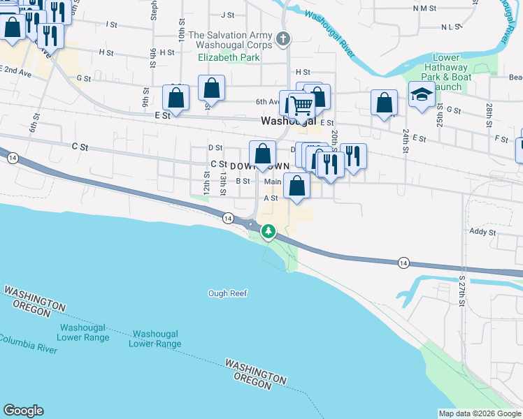 map of restaurants, bars, coffee shops, grocery stores, and more near 1532 A Street in Washougal