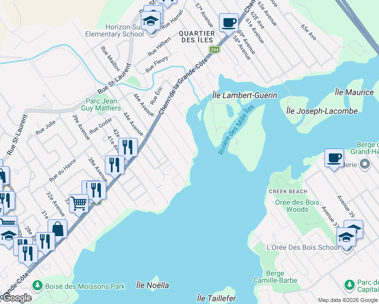 map of restaurants, bars, coffee shops, grocery stores, and more near 47e Avenue in Saint-Eustache