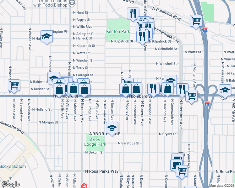 map of restaurants, bars, coffee shops, grocery stores, and more near 2325 North Lombard Street in Portland