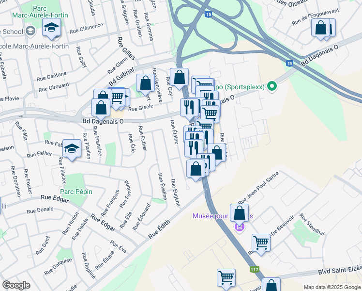 map of restaurants, bars, coffee shops, grocery stores, and more near 442 Rue Élaine in Laval