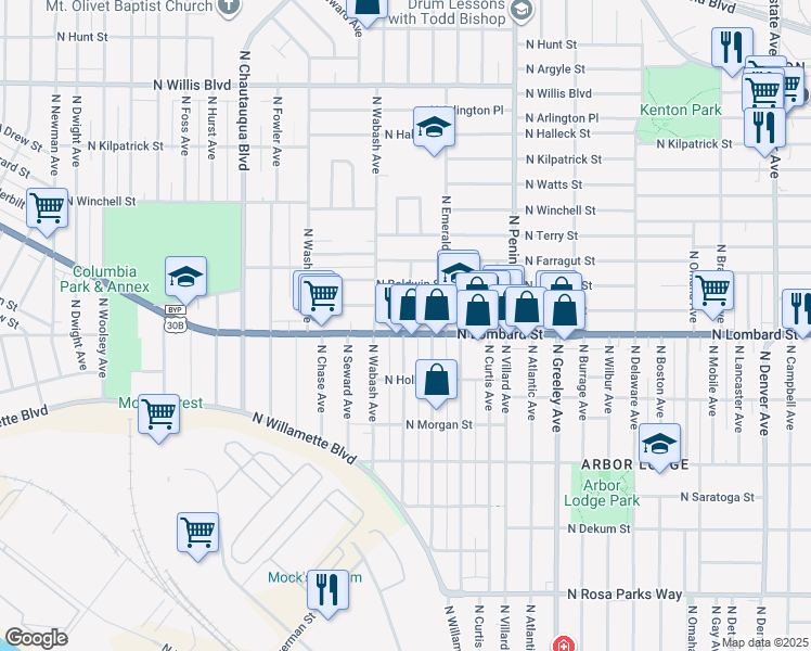 map of restaurants, bars, coffee shops, grocery stores, and more near 3347 North Lombard Street in Portland