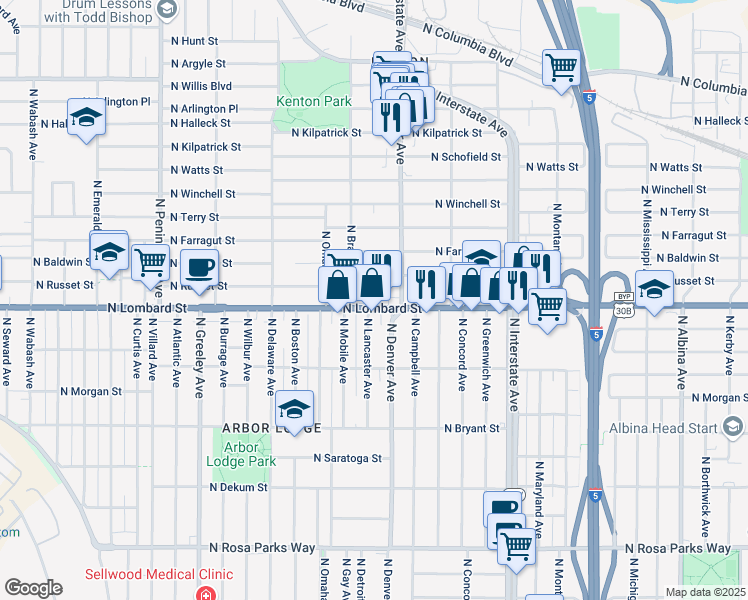 map of restaurants, bars, coffee shops, grocery stores, and more near 7501 North Chatham Avenue in Portland