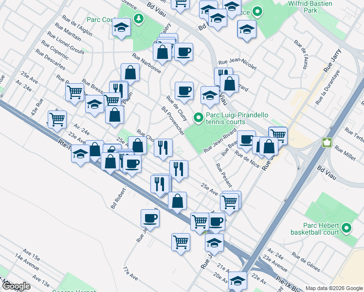 map of restaurants, bars, coffee shops, grocery stores, and more near 8445 Place Choquette in Montréal