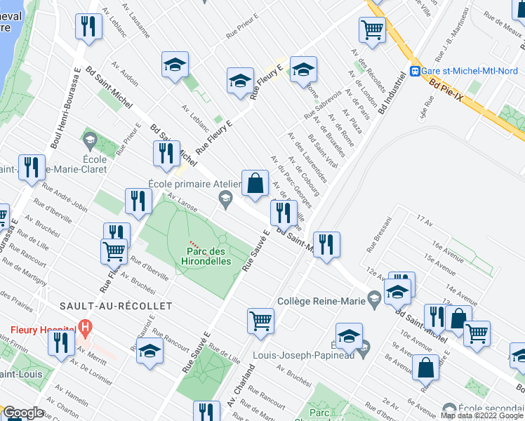 map of restaurants, bars, coffee shops, grocery stores, and more near 9935 Boulevard Saint-Michel in Montréal