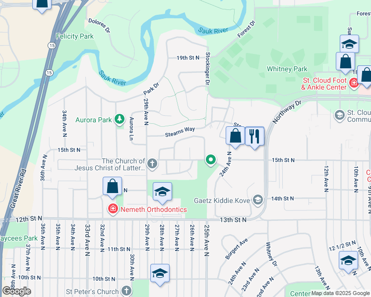 map of restaurants, bars, coffee shops, grocery stores, and more near 2559 15th Street North in St. Cloud