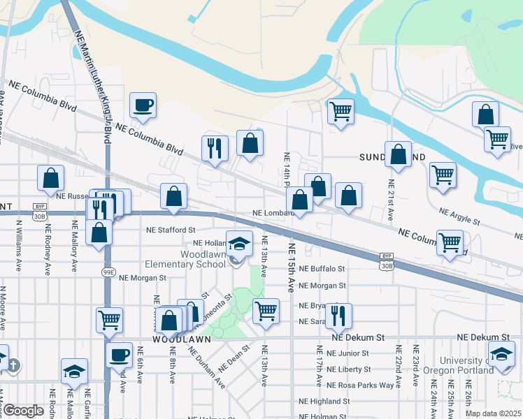 map of restaurants, bars, coffee shops, grocery stores, and more near 7515 Northeast 13th Avenue in Portland