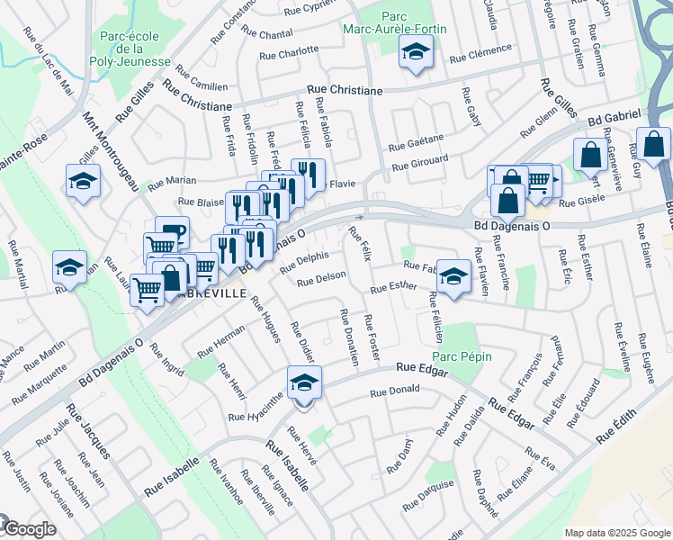 map of restaurants, bars, coffee shops, grocery stores, and more near 3361 Rue Delson in Laval
