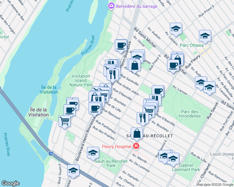 map of restaurants, bars, coffee shops, grocery stores, and more near 10652 Rue D'Iberville in Montréal