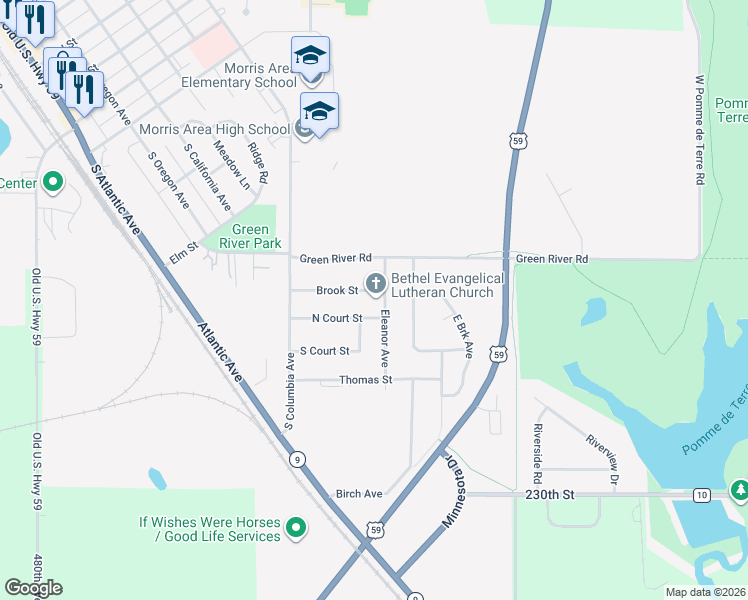 map of restaurants, bars, coffee shops, grocery stores, and more near 22 Brook Street in Morris