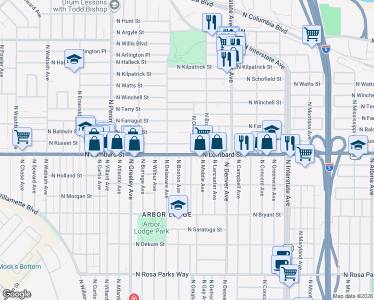 map of restaurants, bars, coffee shops, grocery stores, and more near 2335 North Lombard Street in Portland