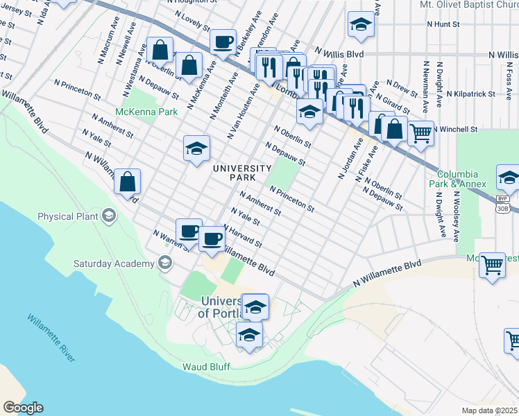 map of restaurants, bars, coffee shops, grocery stores, and more near 5230 North Amherst Street in Portland
