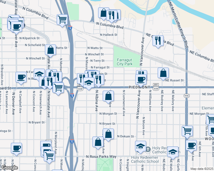map of restaurants, bars, coffee shops, grocery stores, and more near 7511 North Kerby Avenue in Portland