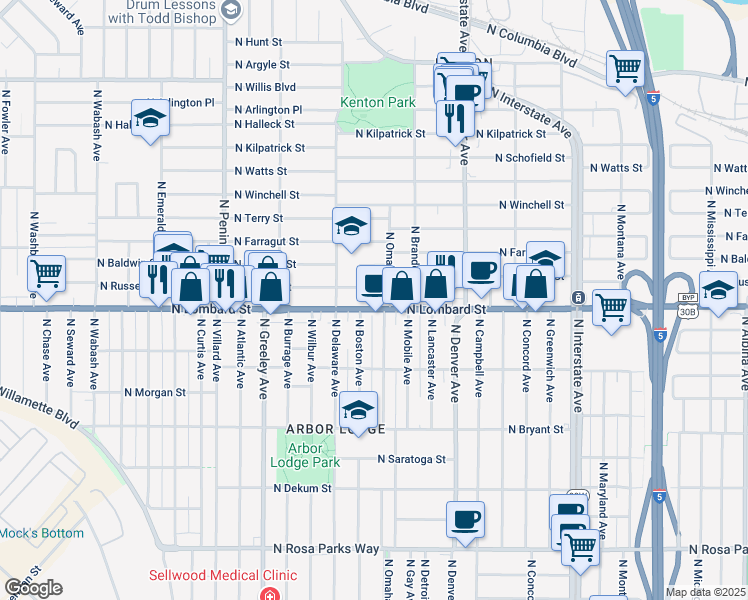 map of restaurants, bars, coffee shops, grocery stores, and more near 2335 North Lombard Street in Portland