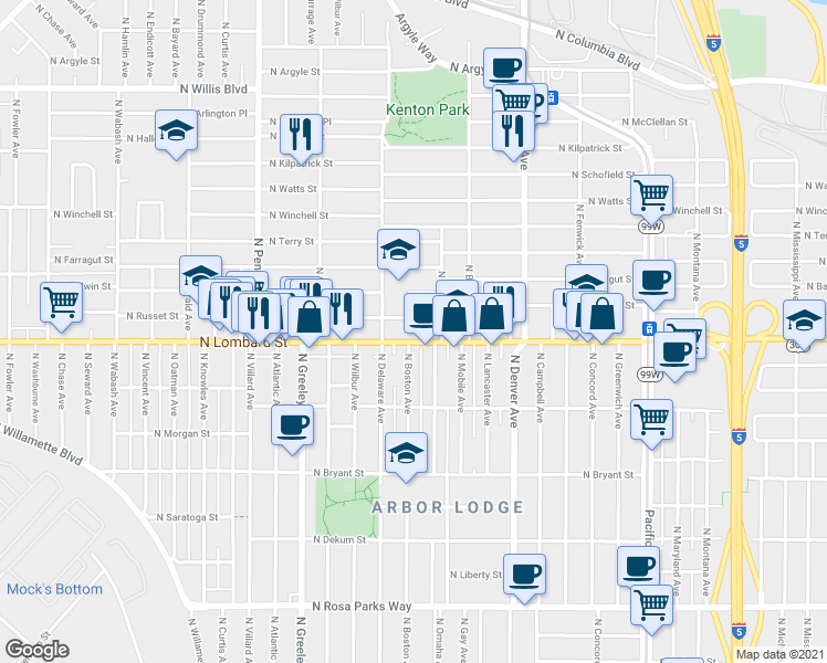 map of restaurants, bars, coffee shops, grocery stores, and more near 2353 North Lombard Street in Portland