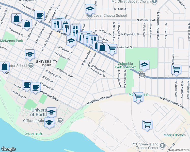 map of restaurants, bars, coffee shops, grocery stores, and more near 7211 North Olin Avenue in Portland