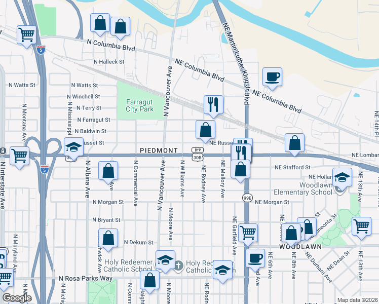 map of restaurants, bars, coffee shops, grocery stores, and more near 65 Northeast Lombard Street in Portland
