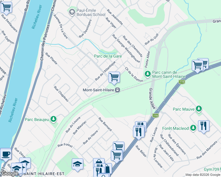 map of restaurants, bars, coffee shops, grocery stores, and more near 950 Avenue De La Gare in Mont-Saint-Hilaire