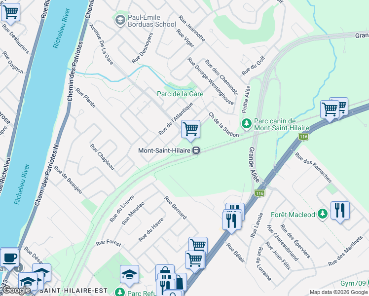 map of restaurants, bars, coffee shops, grocery stores, and more near 950 Avenue De La Gare in Mont-Saint-Hilaire