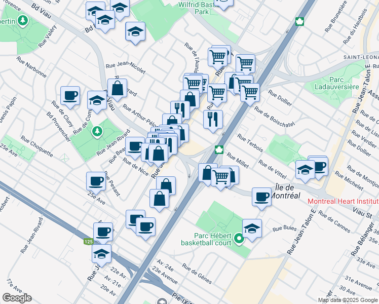 map of restaurants, bars, coffee shops, grocery stores, and more near in Montreal