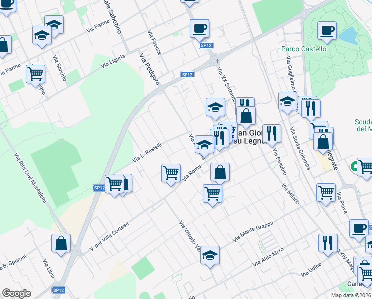 map of restaurants, bars, coffee shops, grocery stores, and more near 60 Via G. Mameli in San Giorgio Su Legnano