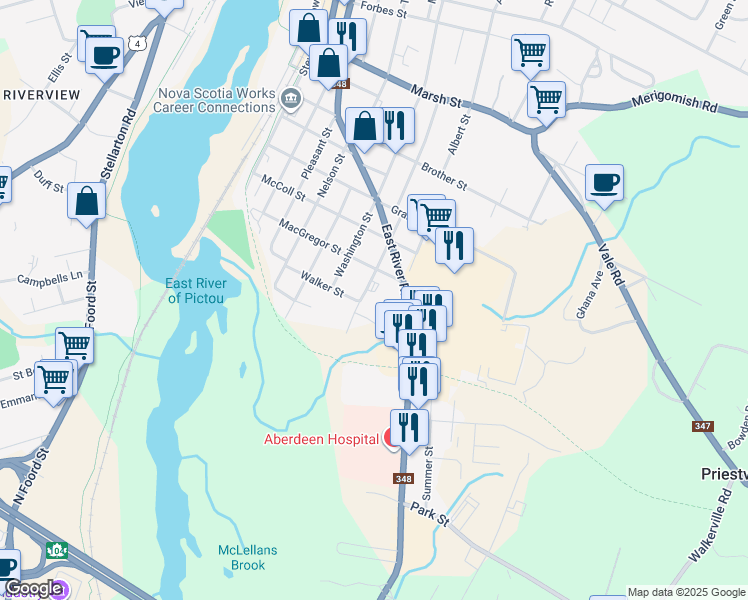 map of restaurants, bars, coffee shops, grocery stores, and more near 558 South Frederick Street in New Glasgow