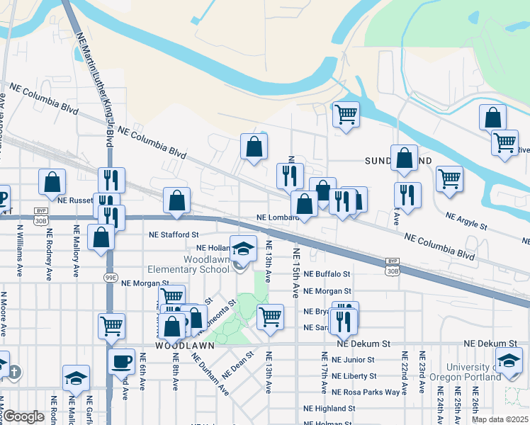 map of restaurants, bars, coffee shops, grocery stores, and more near 7515 Northeast 13th Avenue in Portland