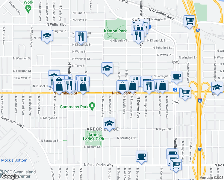 map of restaurants, bars, coffee shops, grocery stores, and more near 2353 North Lombard Street in Portland