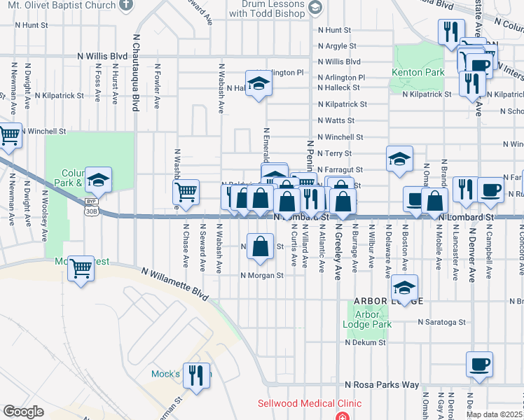 map of restaurants, bars, coffee shops, grocery stores, and more near 3233 North Lombard Street in Portland