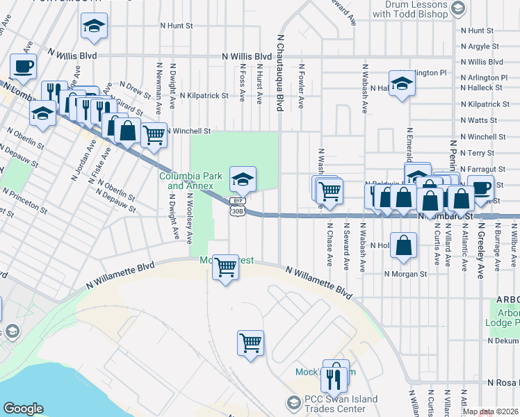 map of restaurants, bars, coffee shops, grocery stores, and more near 4105 North Lombard Street in Portland