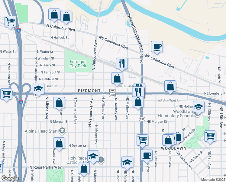 map of restaurants, bars, coffee shops, grocery stores, and more near 65 Northeast Lombard Street in Portland