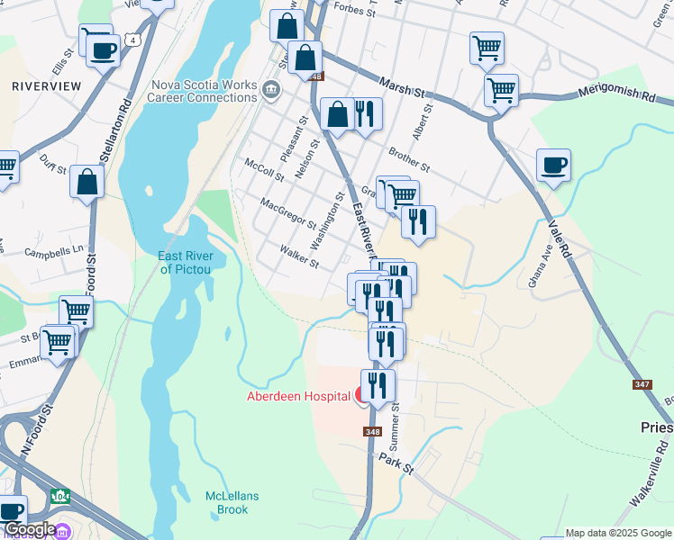 map of restaurants, bars, coffee shops, grocery stores, and more near 558 South Frederick Street in New Glasgow