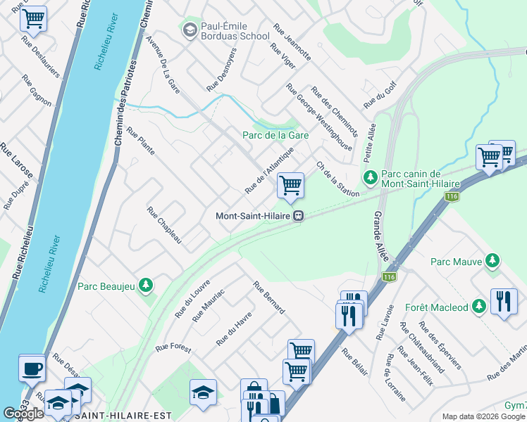 map of restaurants, bars, coffee shops, grocery stores, and more near 530 Cours de la Raffinerie in Mont-Saint-Hilaire