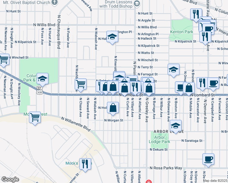 map of restaurants, bars, coffee shops, grocery stores, and more near 3233 North Lombard Street in Portland