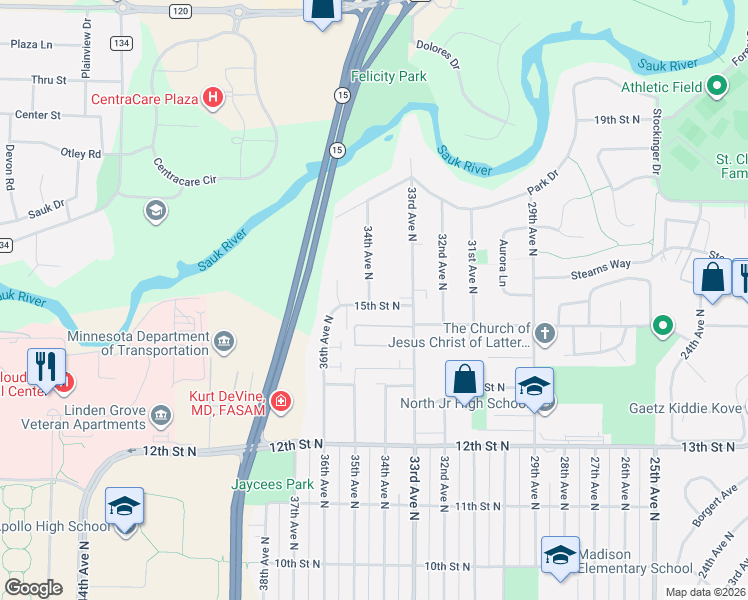 map of restaurants, bars, coffee shops, grocery stores, and more near 3333 15th Street North in St. Cloud