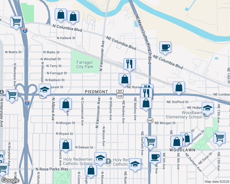 map of restaurants, bars, coffee shops, grocery stores, and more near 65 Northeast Lombard Street in Portland