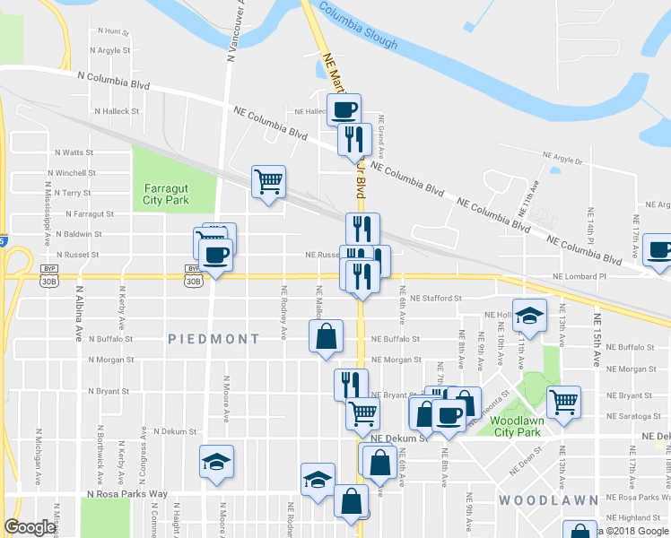 map of restaurants, bars, coffee shops, grocery stores, and more near 235 Northeast Lombard Street in Portland