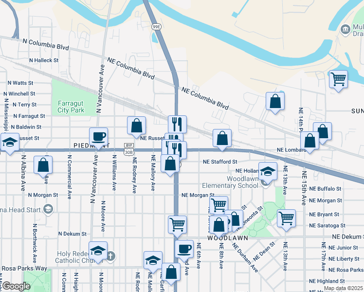 map of restaurants, bars, coffee shops, grocery stores, and more near 7510 Northeast Martin Luther King Junior Boulevard in Portland