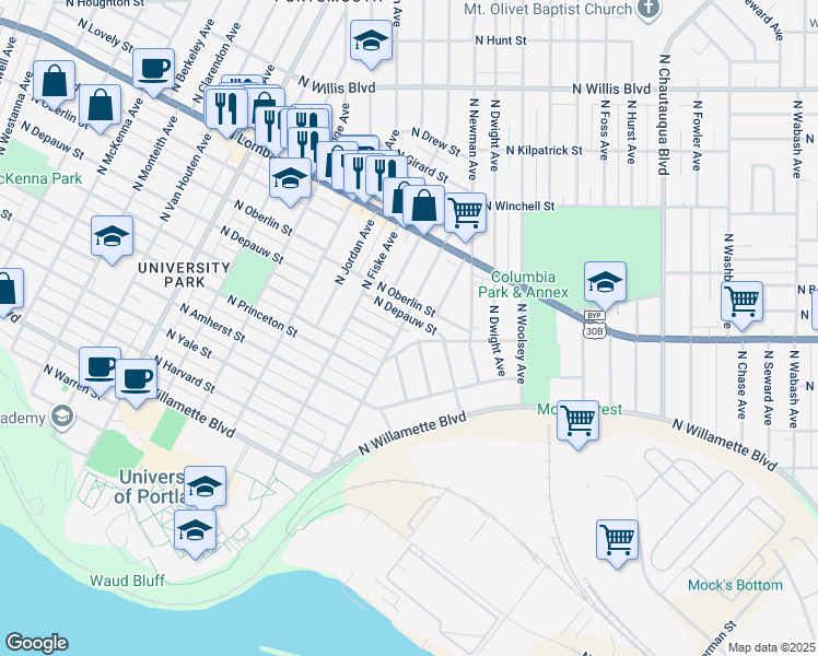 map of restaurants, bars, coffee shops, grocery stores, and more near 7222 North Olin Avenue in Portland