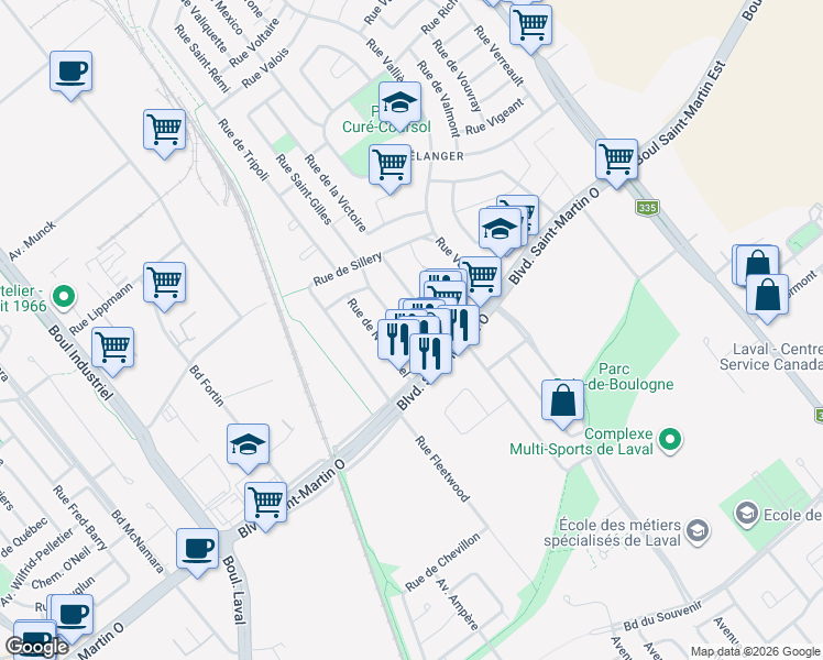 map of restaurants, bars, coffee shops, grocery stores, and more near 1743 Rue de Sienne in Laval