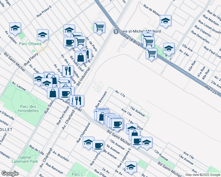 map of restaurants, bars, coffee shops, grocery stores, and more near 3530 Rue Bressani in Montréal