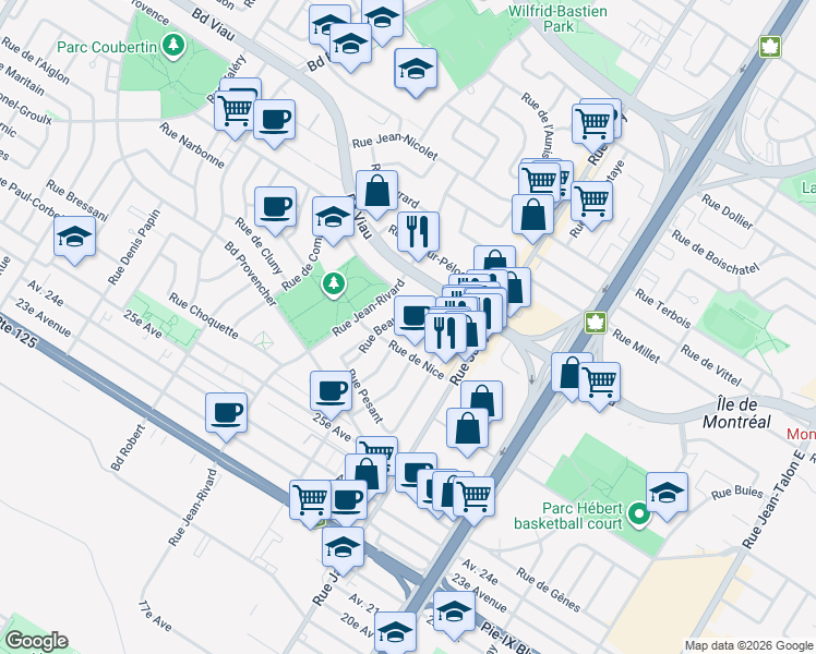 map of restaurants, bars, coffee shops, grocery stores, and more near 8173 Rue de Blois in Montreal