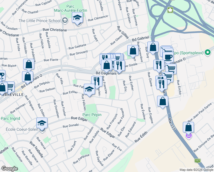 map of restaurants, bars, coffee shops, grocery stores, and more near 476 Rue Francine in Laval