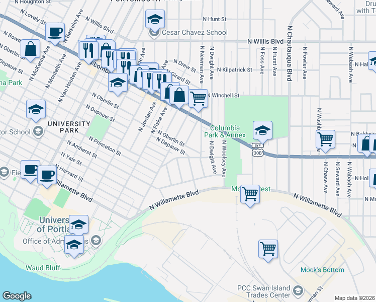 map of restaurants, bars, coffee shops, grocery stores, and more near 4715 North Depauw Street in Portland