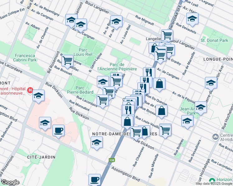 map of restaurants, bars, coffee shops, grocery stores, and more near 5970 Rue de Jumonville in Montréal