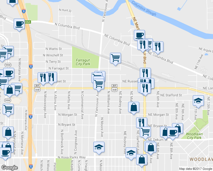 map of restaurants, bars, coffee shops, grocery stores, and more near 7517 North Williams Avenue in Portland