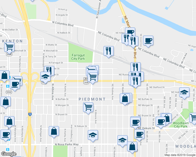 map of restaurants, bars, coffee shops, grocery stores, and more near 7517 North Williams Avenue in Portland