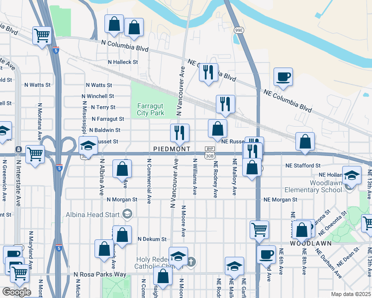 map of restaurants, bars, coffee shops, grocery stores, and more near 7517 North Williams Avenue in Portland